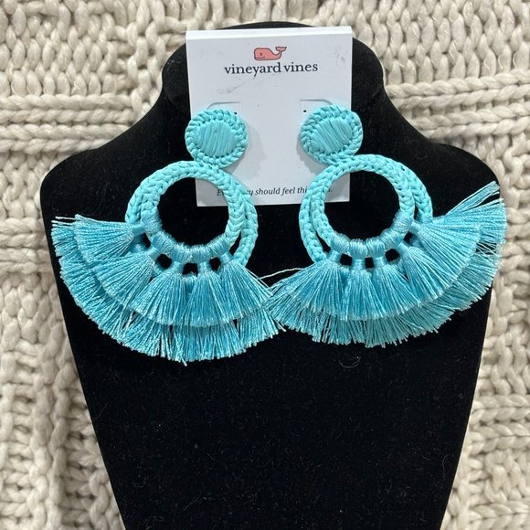 Vineyard Vines Jewelry - Vineyard Vines blue raffia tassel earrings hoops New NWT